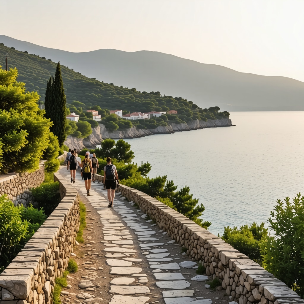 Hikers walking on a stone path near the Adriatic Sea with lush greenery and historical ruins in Tivat