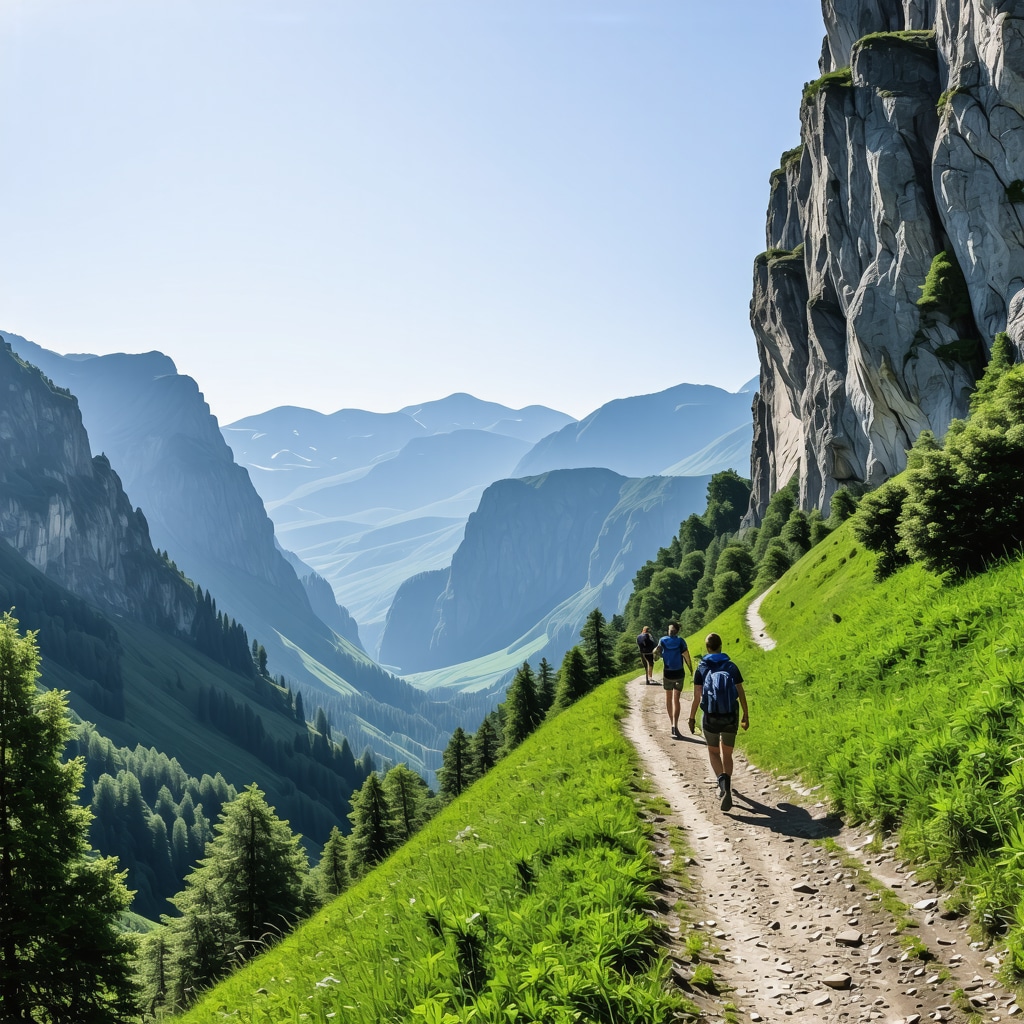 Hikers walking along a mountain trail in Rugova Valley with lush greenery and canyon views