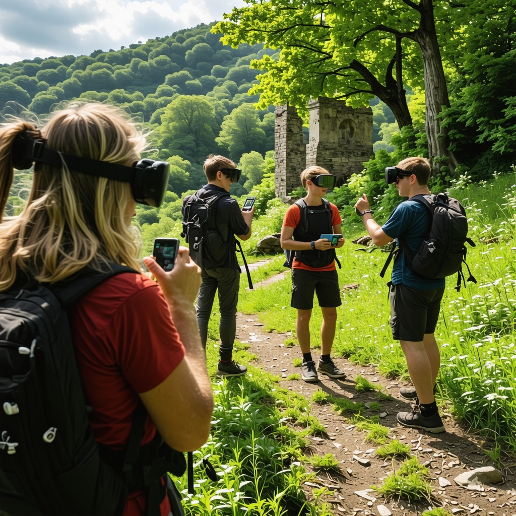 Hikers with AR glasses and GPS devices exploring Ptuj's forest trail with historical ruins