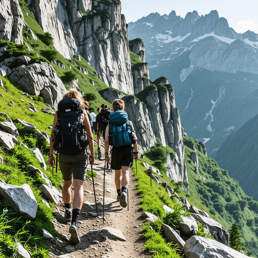 Hikers walking on a rugged mountain trail in Rugova Valley with diverse flora and fauna