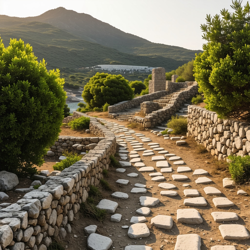 Coastal hiking trail in Himara featuring ancient ruins and natural scenery during sunset