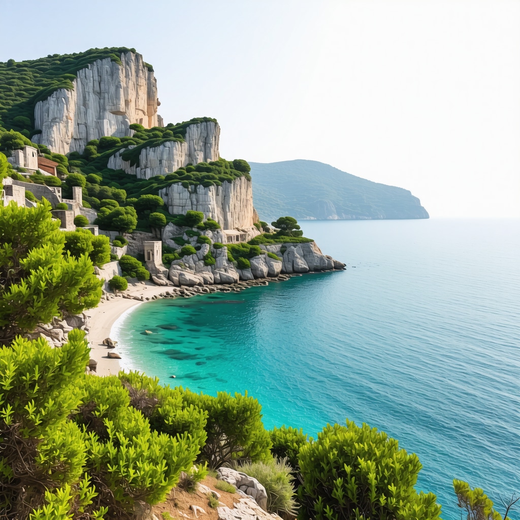 Panoramic view of Himara coastline featuring turquoise waters, rocky cliffs, and historical ruins amidst greenery