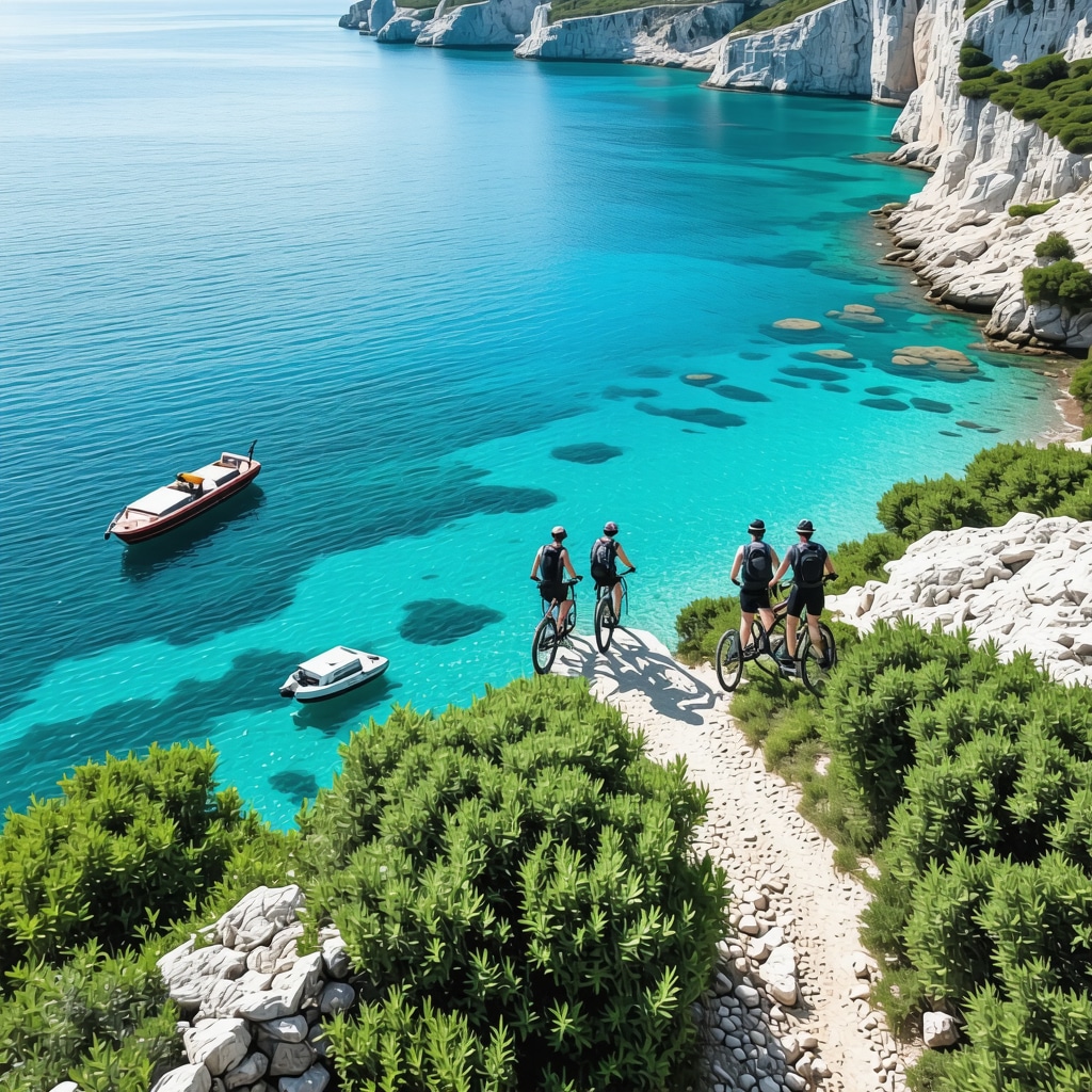Aerial photo showing Himara coastline with electric bikes, solar boats, and hikers on nature trails in lush greenery and clear waters
