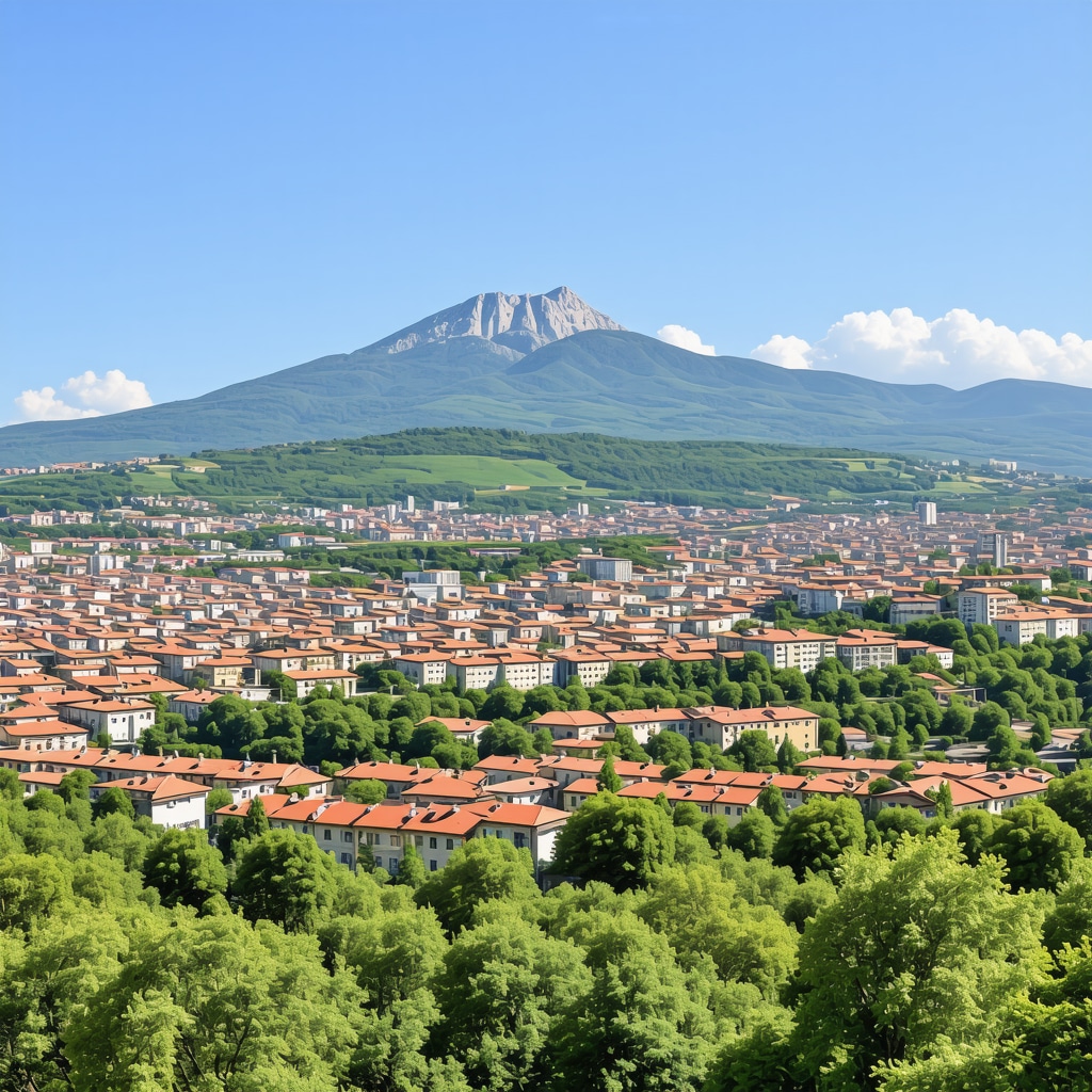 Panoramic view of Sarajevo showing historic buildings and green natural landscape with mountains