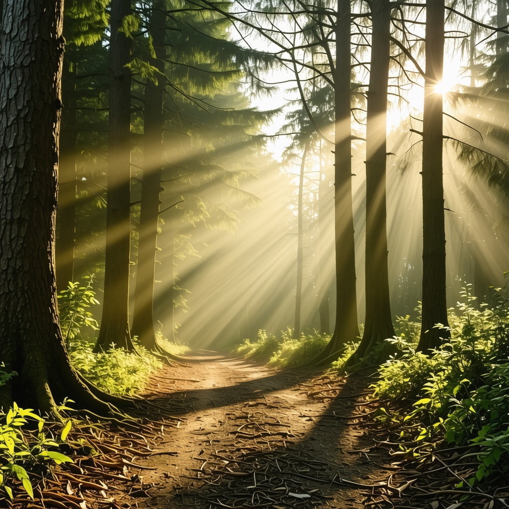 Serene forest path with sunlight filtering through trees in Hoia Forest near Cluj-Napoca