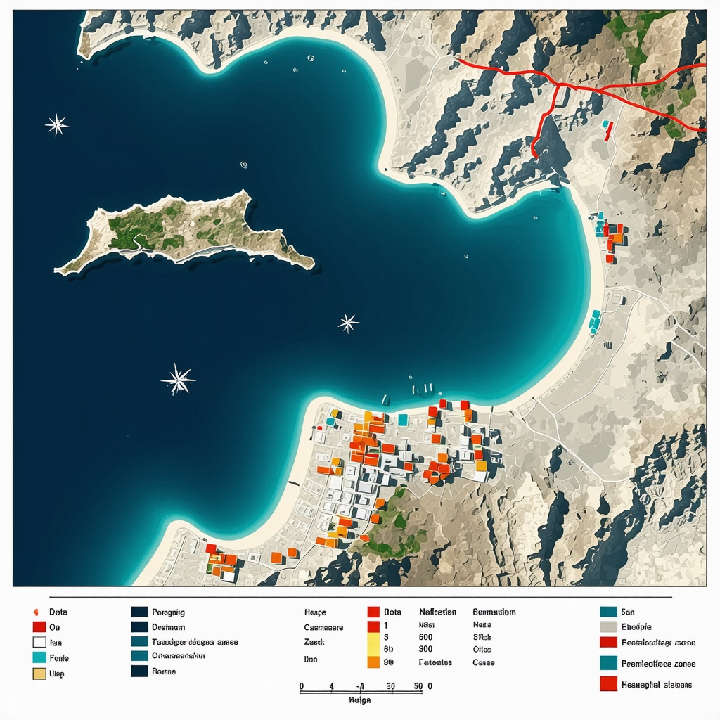 Digital 3D map illustrating Nafplio's coastal archaeological sites and ecological zones with visitor flow data visualizations