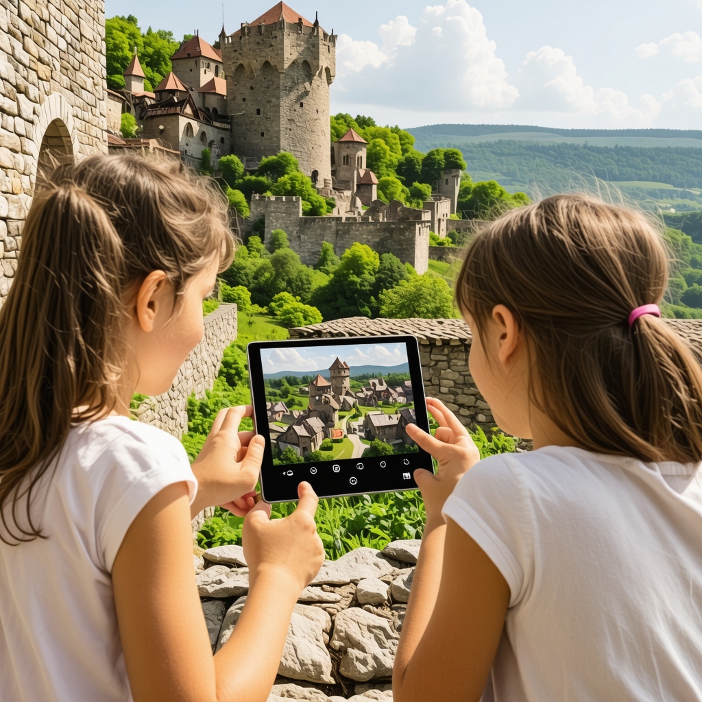 Family using tablets for augmented reality history tour at Bran Castle surrounded by green nature