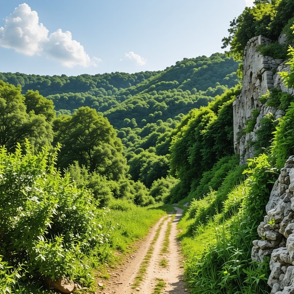 Hiking trail near Jajce Fortress surrounded by green forest and waterfalls