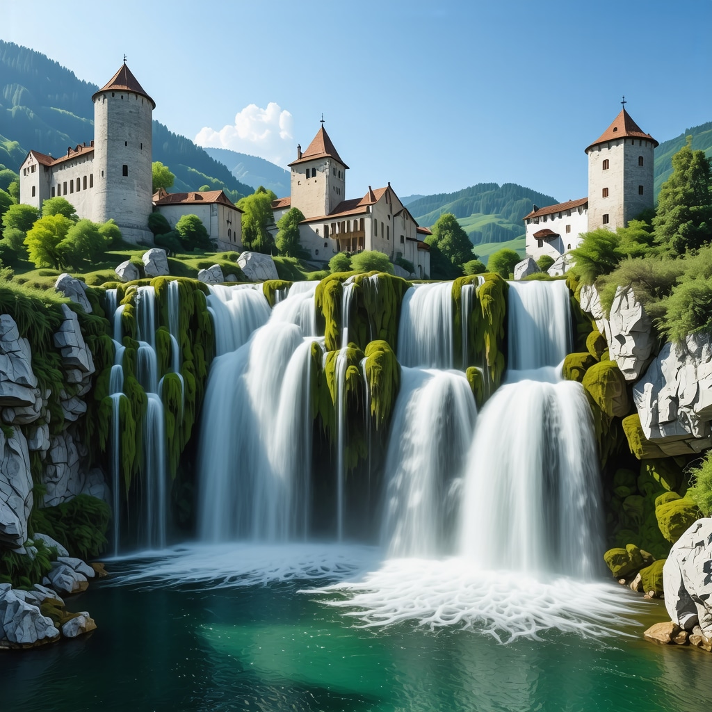 Digital representation of Jajce's waterfall and castles with augmented reality visuals depicting historical and ecological themes