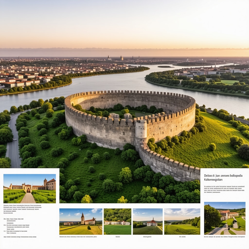 Aerial view of Belgrad's Kalemegdan Fortress with historical augmented reality overlays at sunset