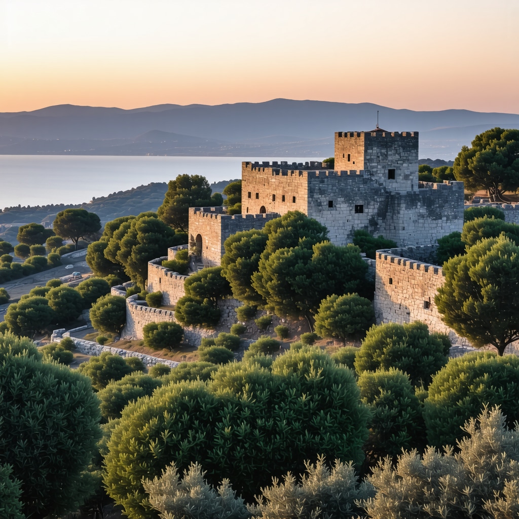 Panoramic view of Kavala's ancient castle ruins surrounded by olive groves during sunset
