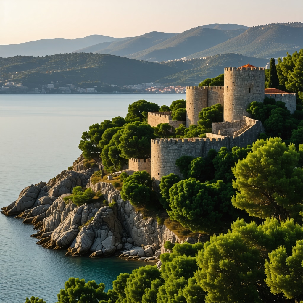 Scenic Kavala castle with lush greenery and sea coastline at sunrise