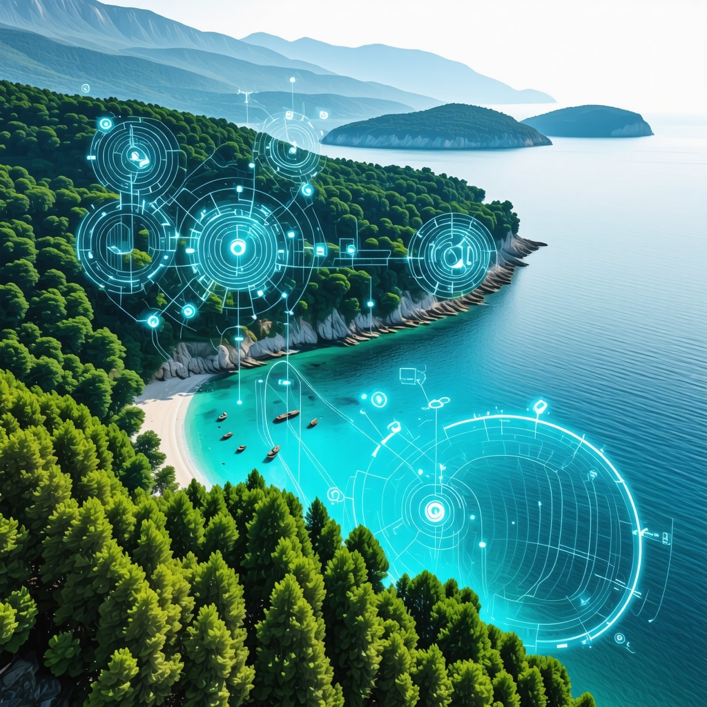 Aerial view of Kavala coastline with forests, sea, and digital overlays representing smart tourism technologies