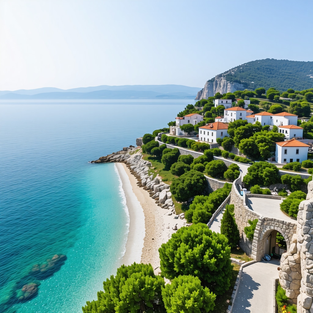 Aerial view of Kavala coast showing beaches, natural parks and sustainable tourism technologies