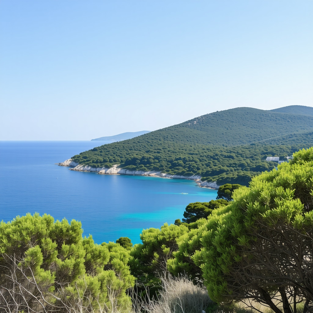 Kavala sahilinde ormanlar ve yürüyüş rotaları, berrak deniz kıyısı