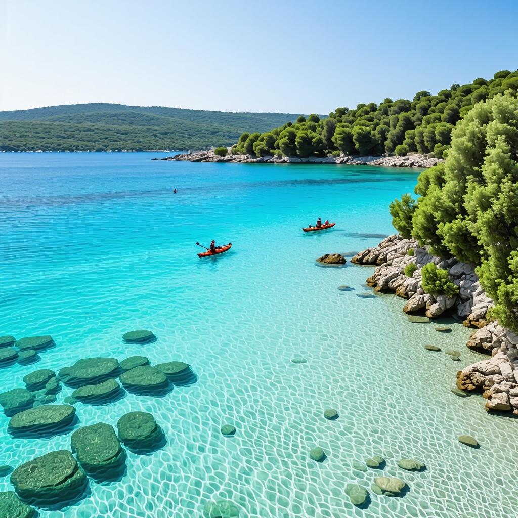 Kavala sahilinde turkuaz deniz, Nestos deltası sulak alanları, doğa yürüyüşçüleri ve kano yapan turistler