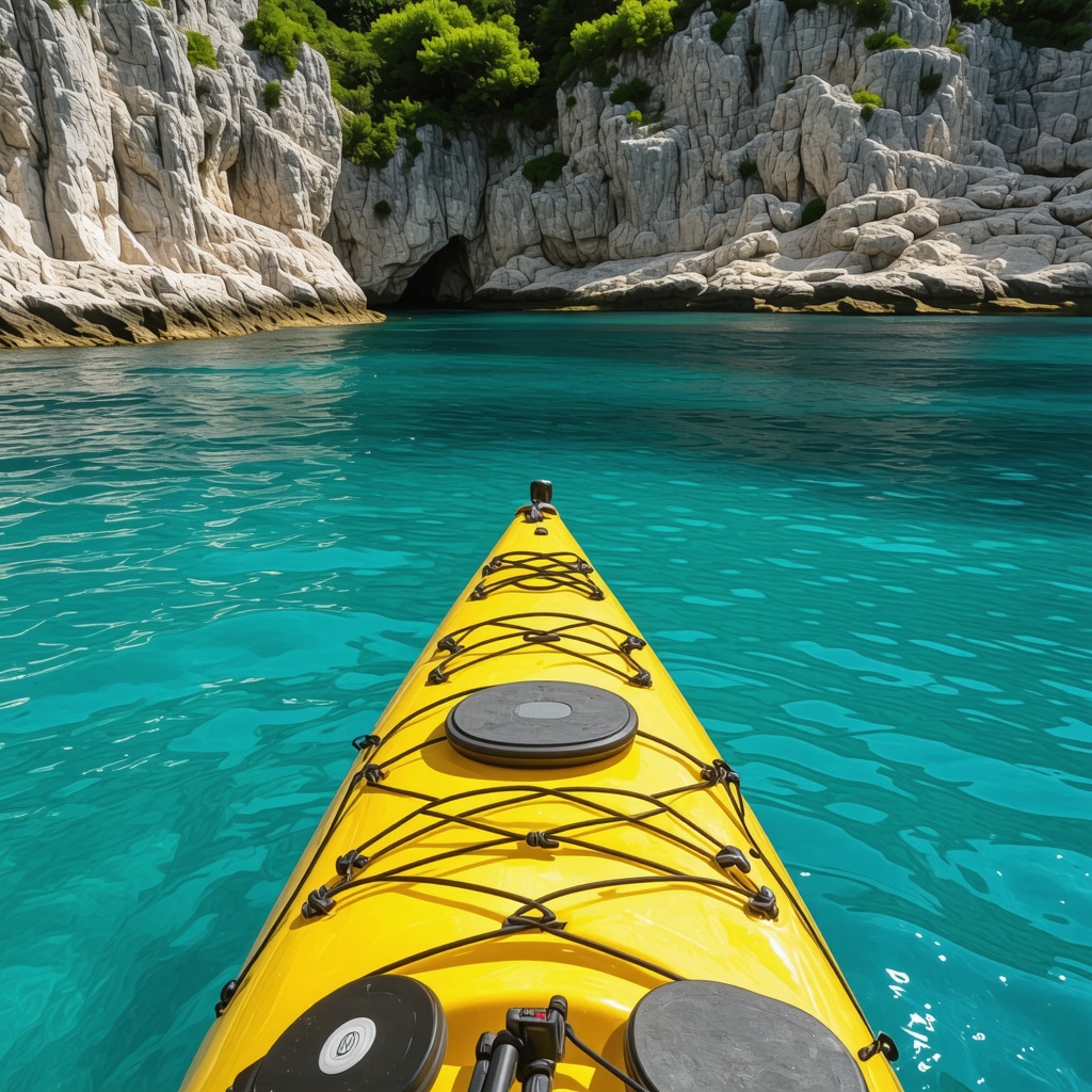 Kayak gliding on clear water surrounded by Mediterranean greenery in Biograd na Moru