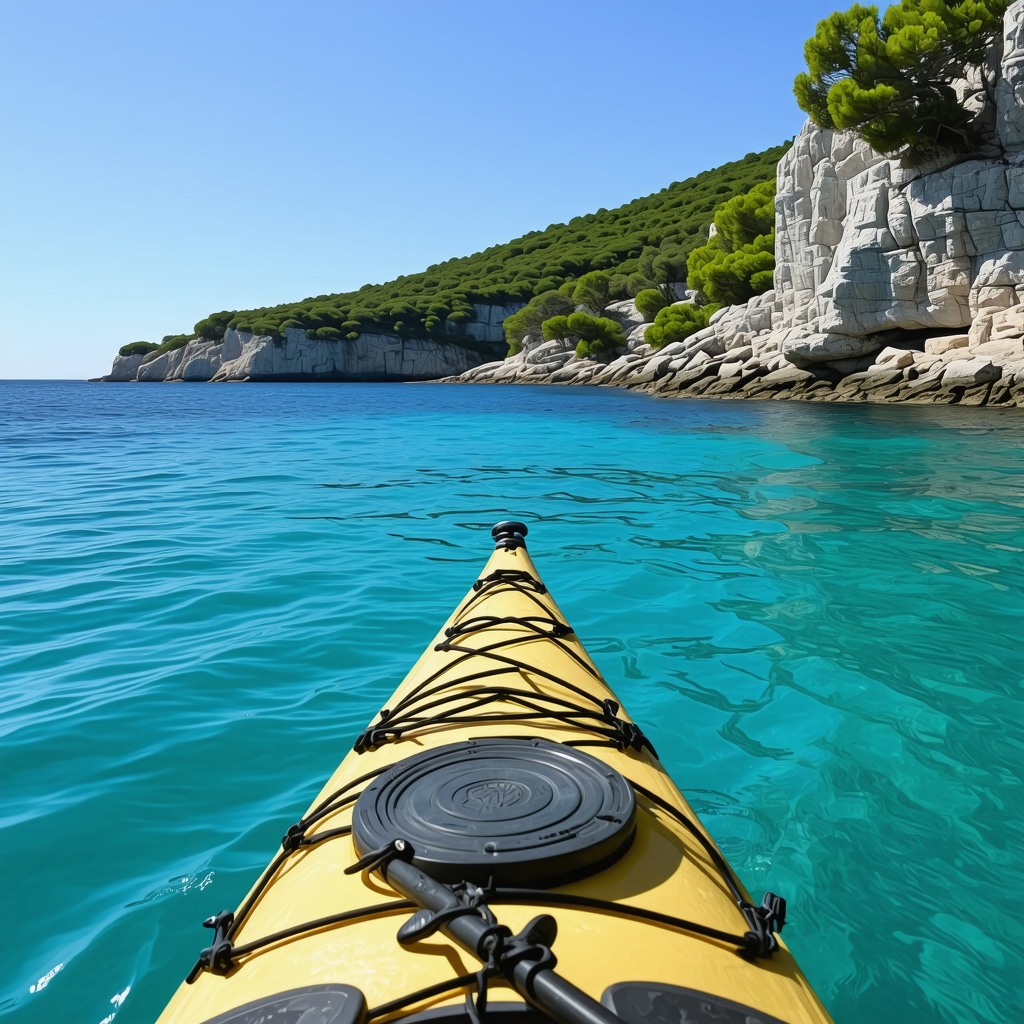 Kayak on turquoise water in a secluded cove surrounded by green vegetation at Biograd na Moru