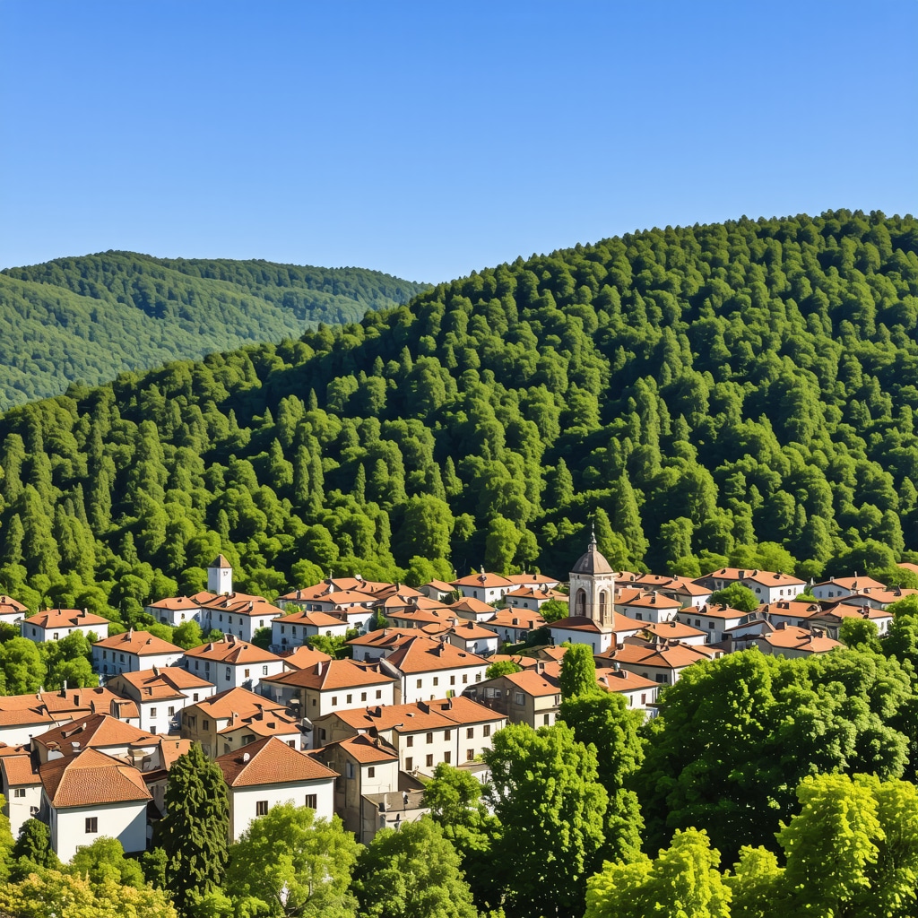 Panoramic view of Kicevo's historic town center and green forests blending seamlessly