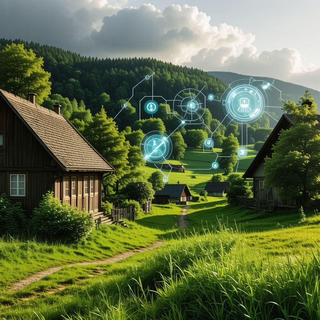 Panoramic view of Kičevo's forests and village with digital icons representing smart tourism