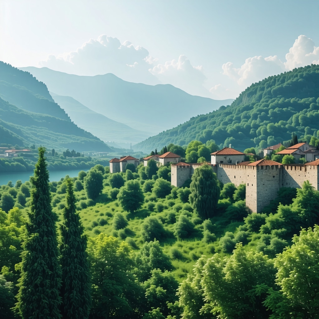 Panoramic image of Konjic Fortress surrounded by nature with digital smart tourism graphics