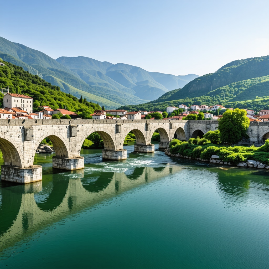 Konjic Taşköprü tarihi köprüsü ve çevresinde yeşil dağlar ile Neretva Nehri manzarası