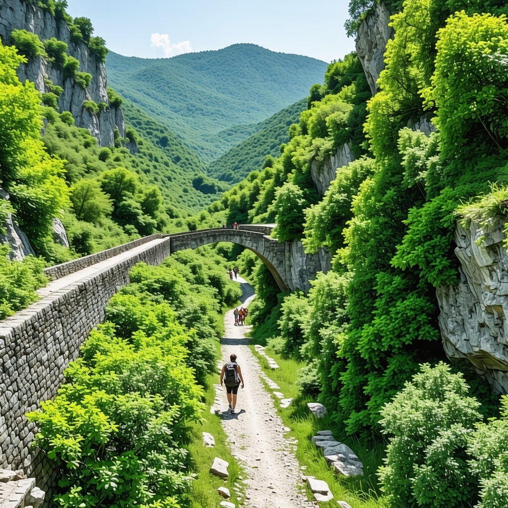 Panoramic view of Konjic canyons with stone bridges and hikers on nature trails