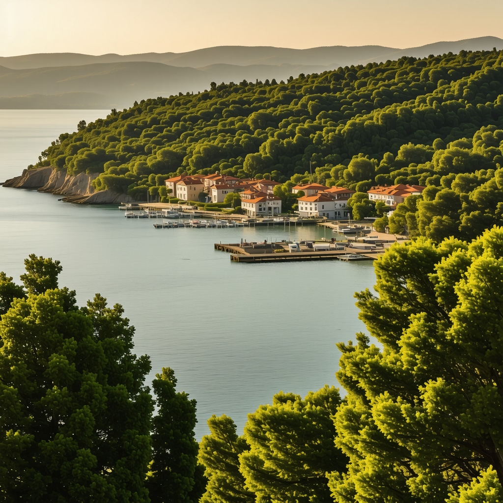 Scenic view of Koper coastline with green hills, historic harbor, and calm sea at sunset