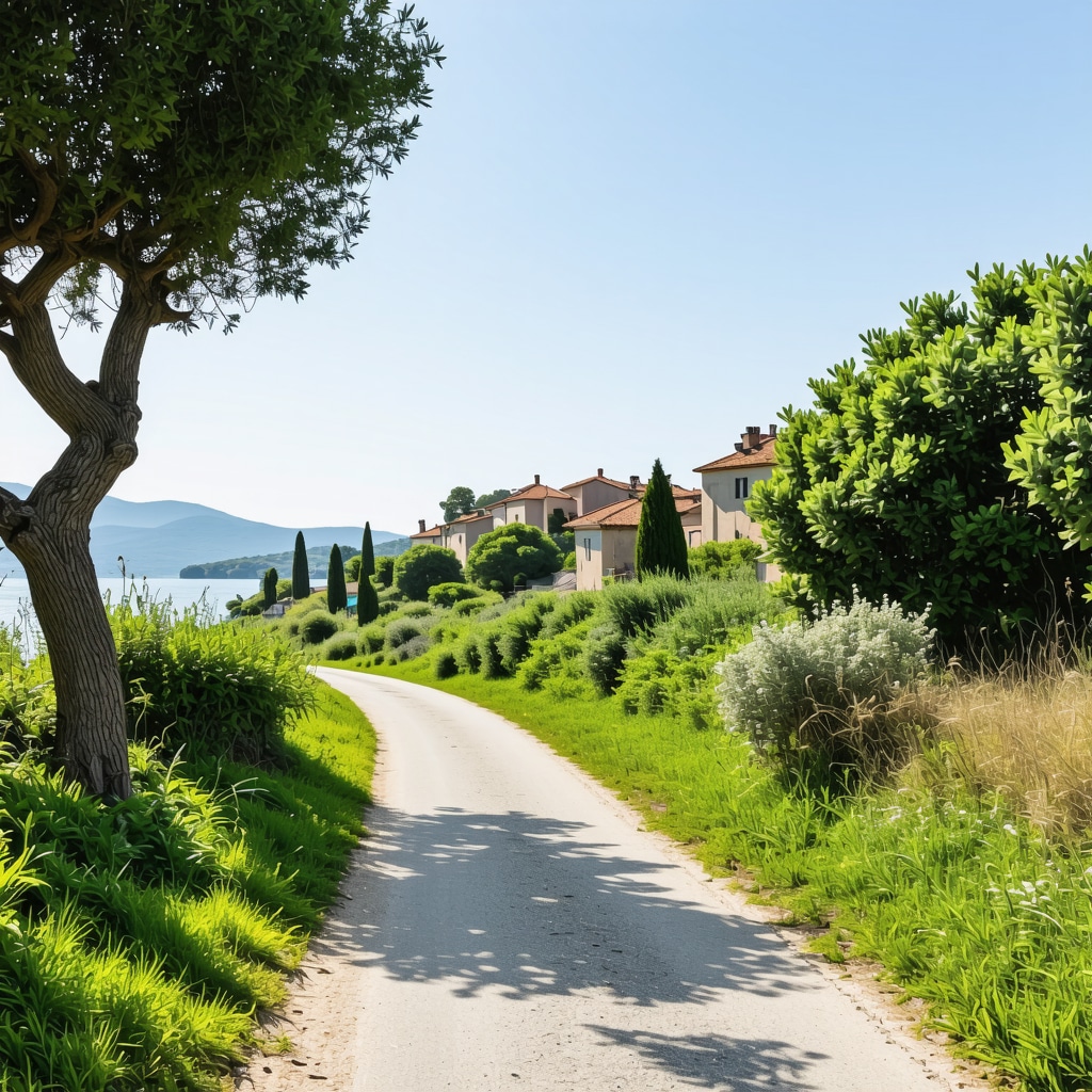 A tranquil nature trail along the coast of Koper with greenery and historic architecture visible