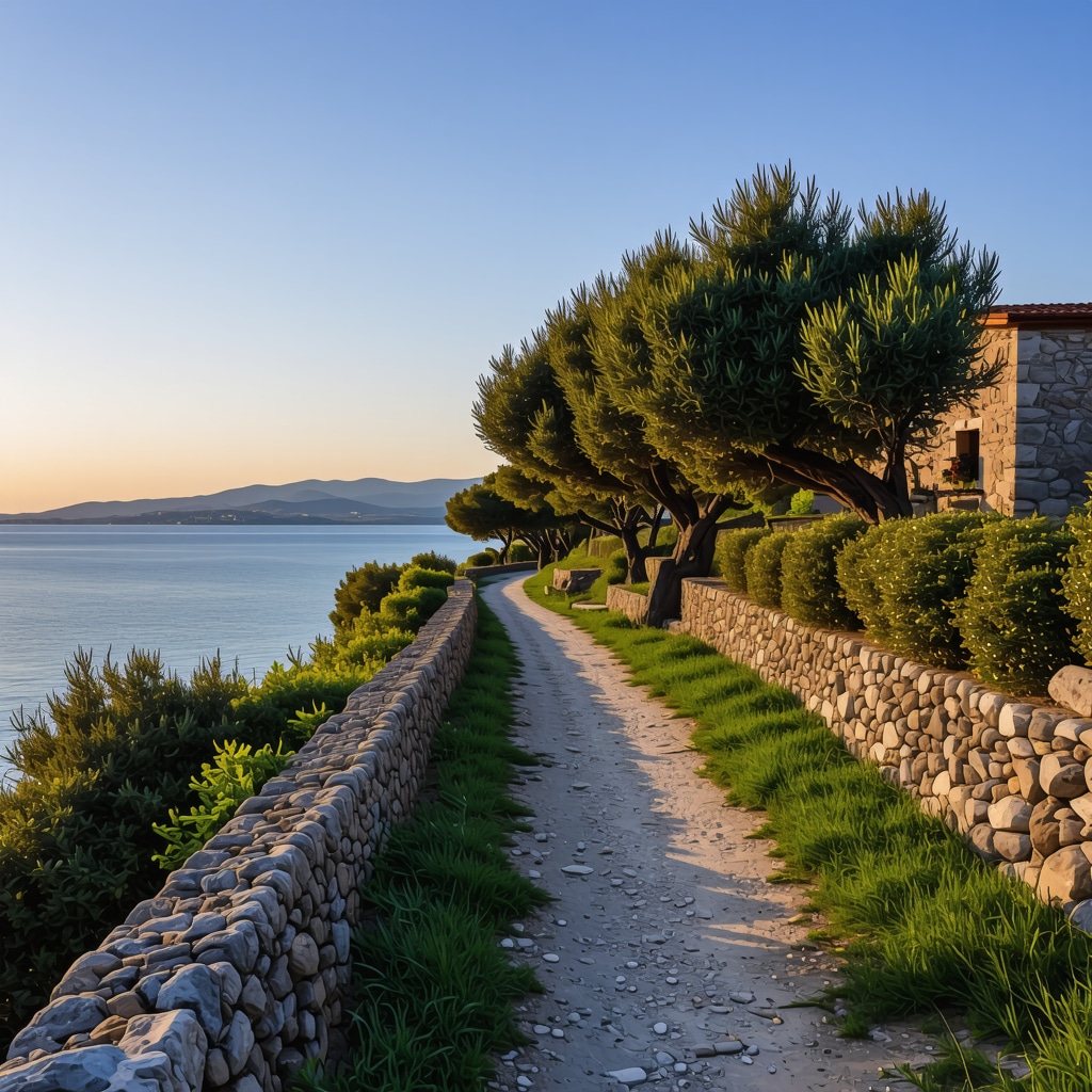 Coastal walking trail in Koper featuring olive trees and old stone houses during sunset