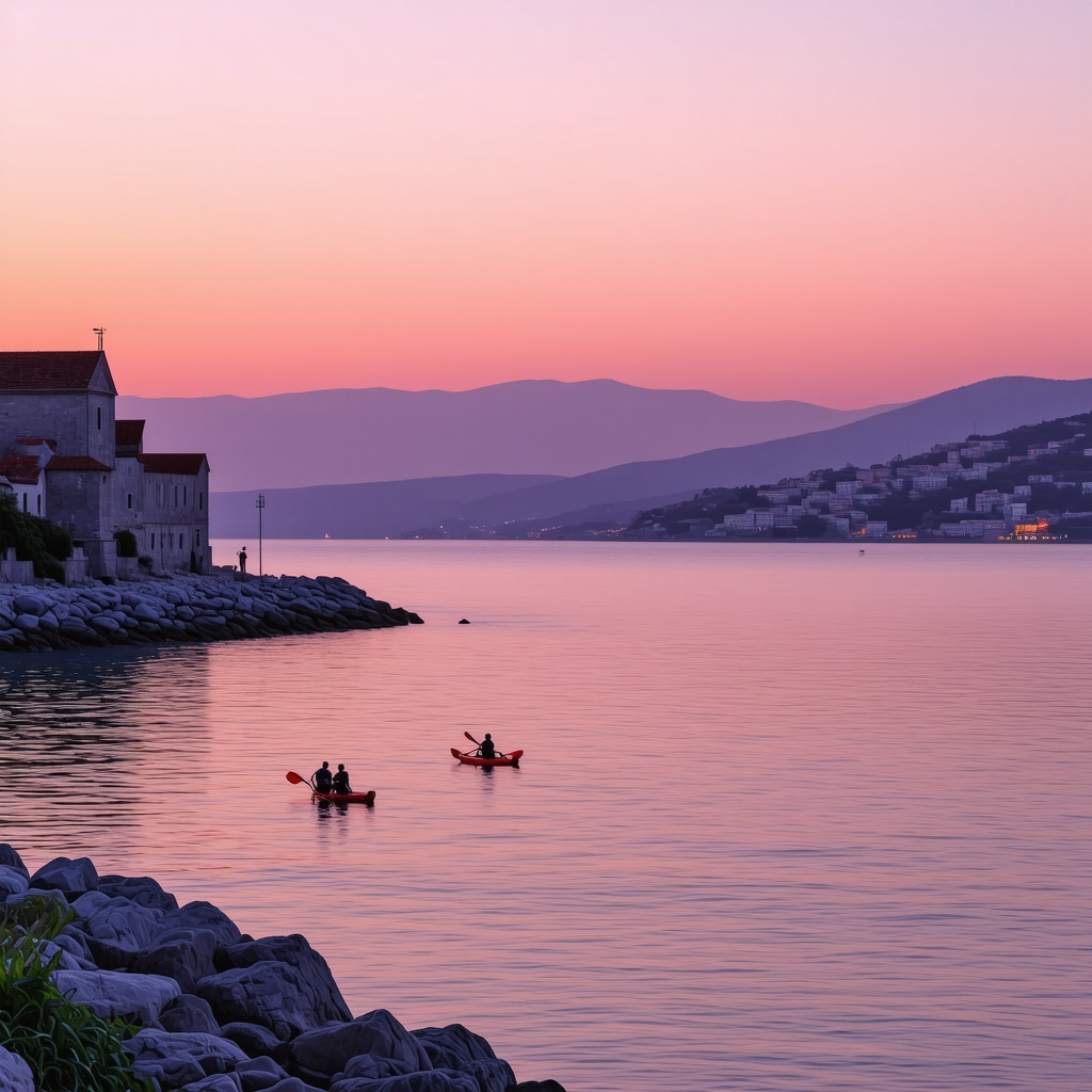 Sunset panorama of Koper coastline featuring historic buildings, coastal trails, kayakers and hikers