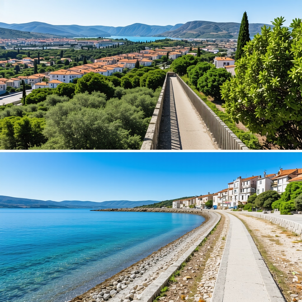 Panoramic view of Koper's coastline featuring historic buildings, natural green areas, and digital icons representing smart sustainable tourism