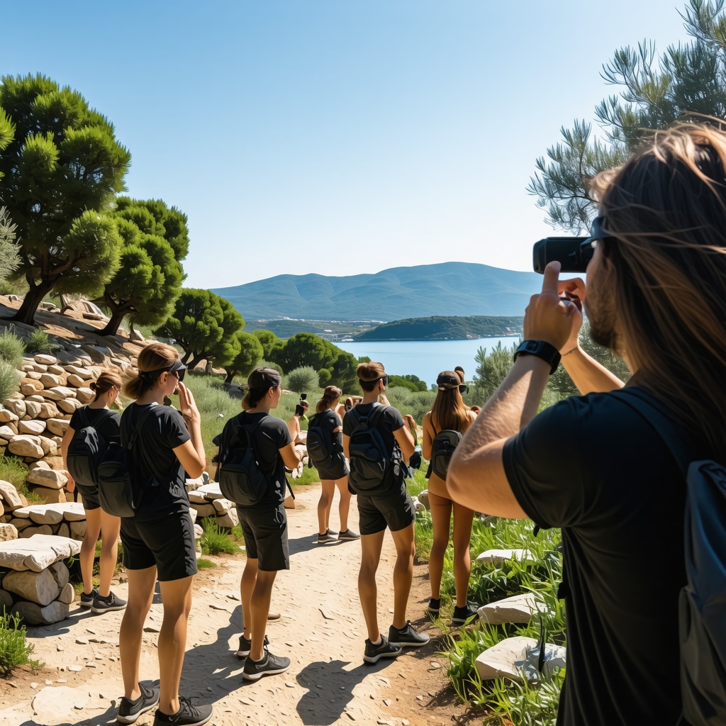 Hikers on Korčula island using augmented reality devices near ancient ruins and olive trees
