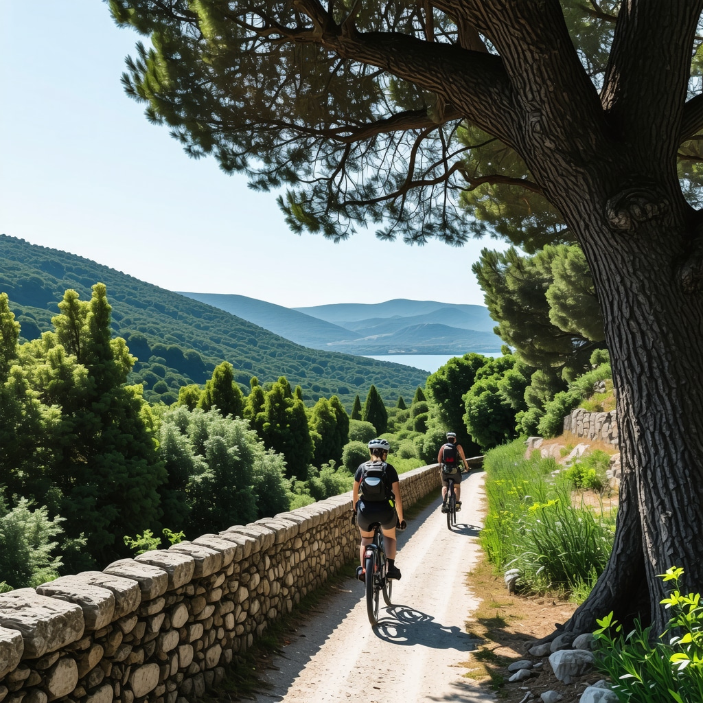 Korčula Island showing lush greenery, historic buildings, and eco-friendly tourists hiking and cycling