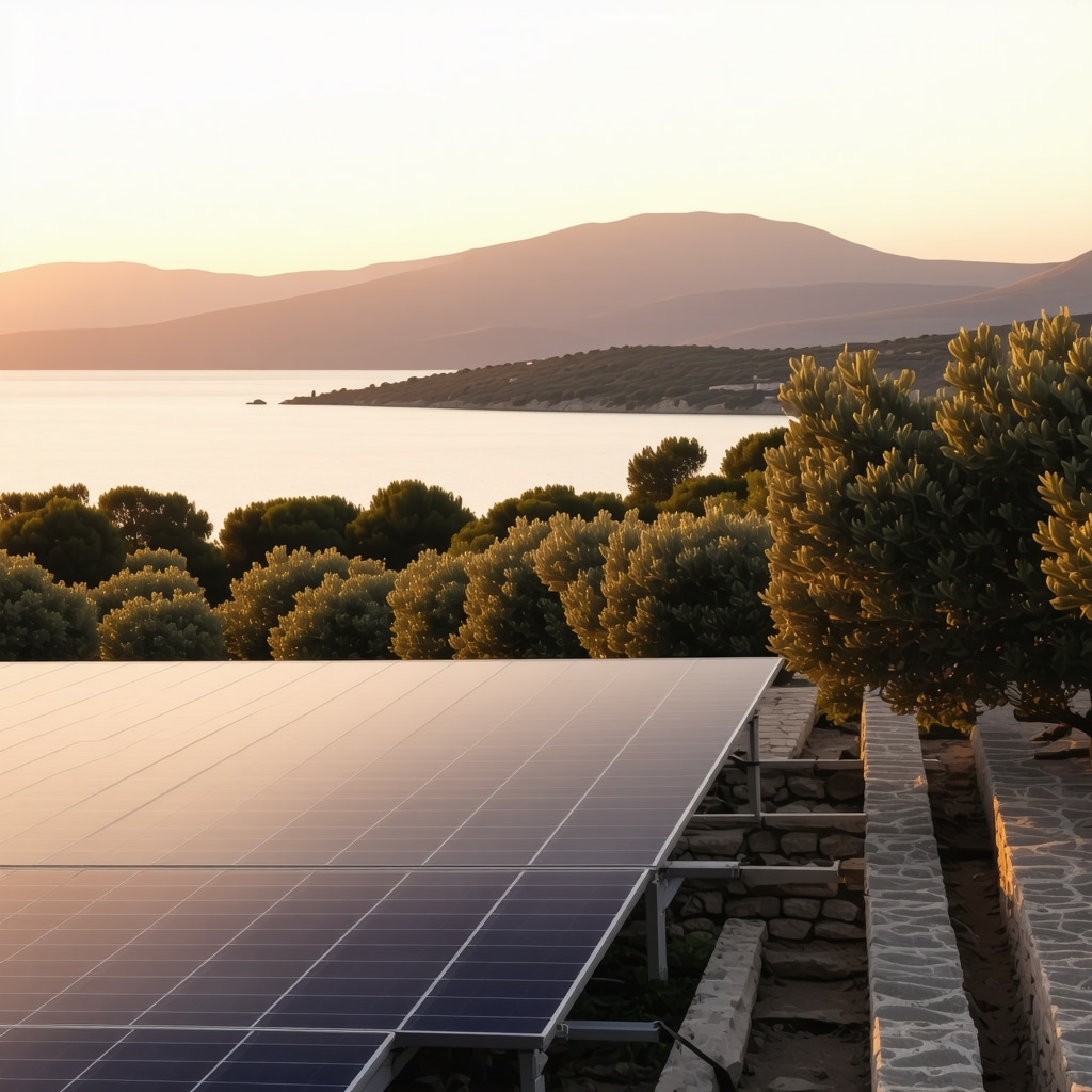 Sunset over Korčula Island showing solar panels among olive groves and historic stone buildings illustrating sustainable tourism