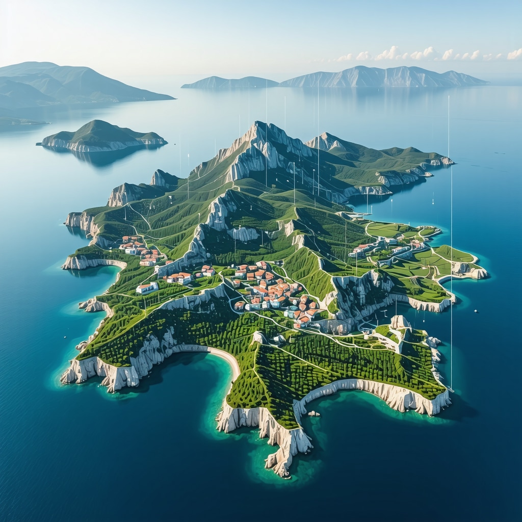 Aerial map of Korčula Island showing mountainous terrain, vegetation, tourist routes, and digital data overlays for AI visitor management