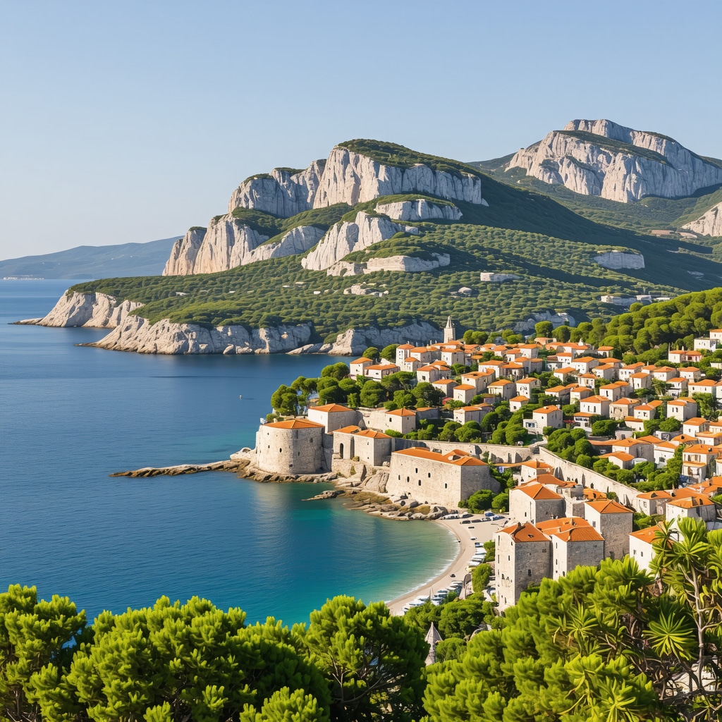 Panoramic view of Korčula Island showing Vidova Gora mountain, Adriatic Sea coastline, and historic medieval buildings