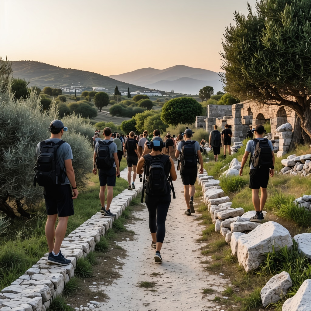 Hikers exploring Korçula trail using augmented reality devices among olive groves and ancient ruins at sunset