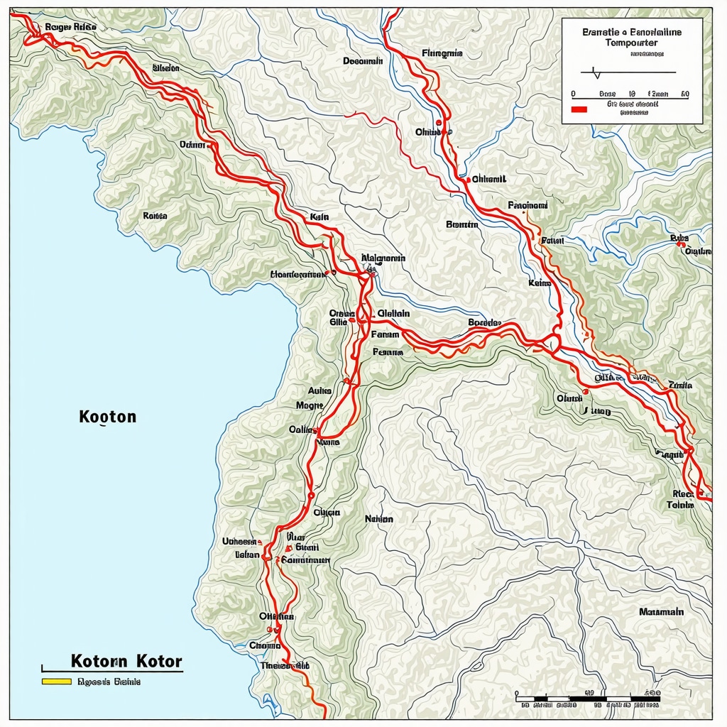 Topographic map showing Kotor region microclimate zones and hiking trails