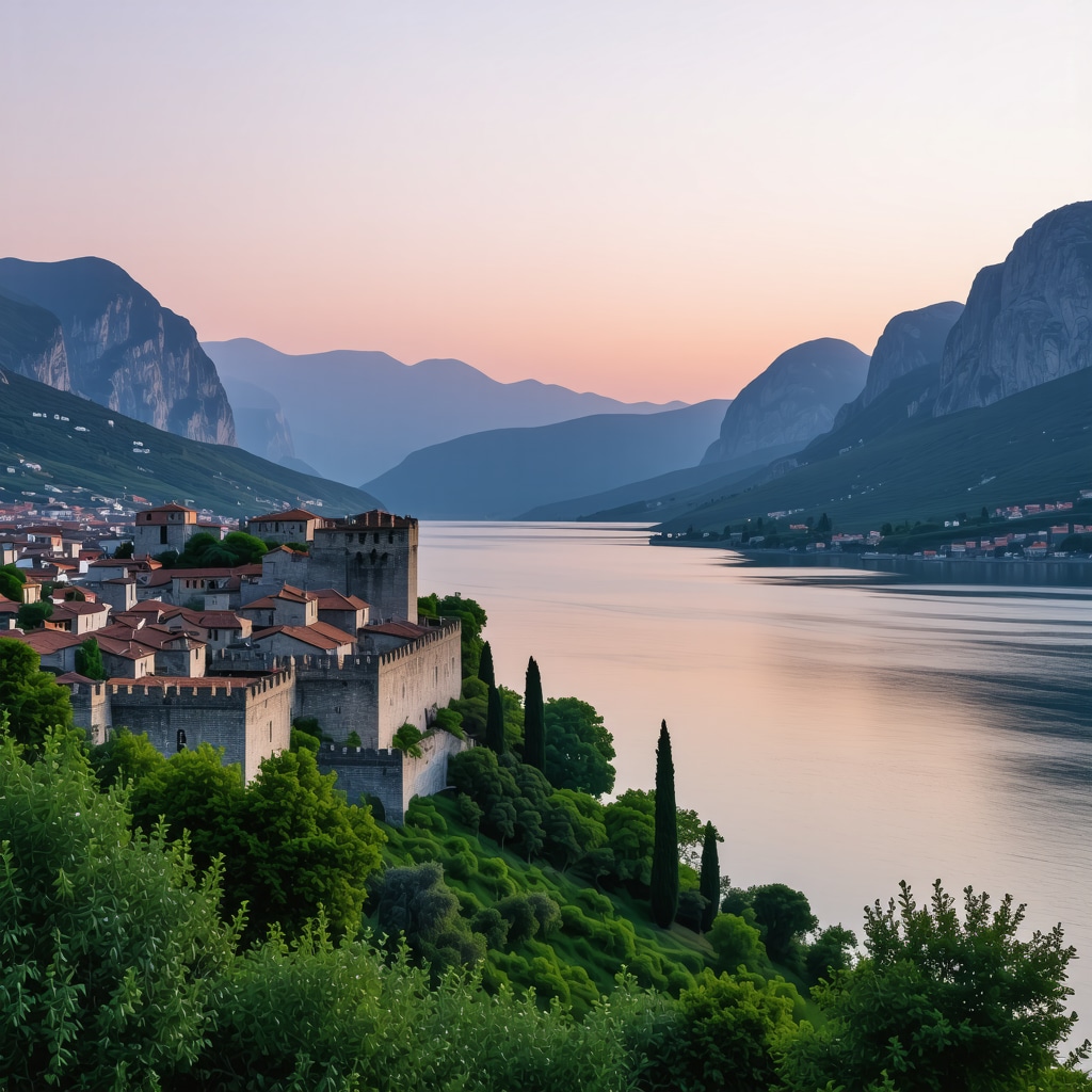Panoramic view of Kotor old town surrounded by mountains and Adriatic Sea during sunset