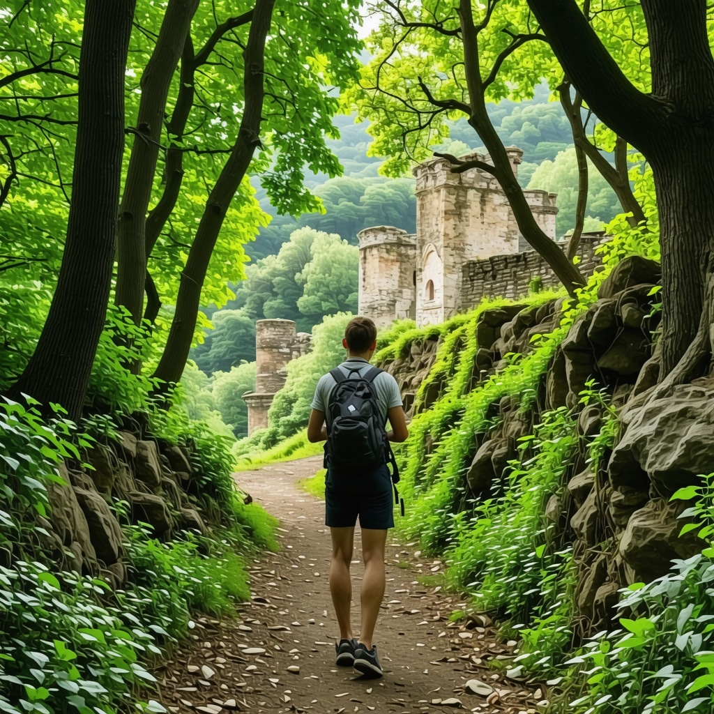 Hiker using smartphone navigation app on a lush forest trail near historical ruins in Kranj