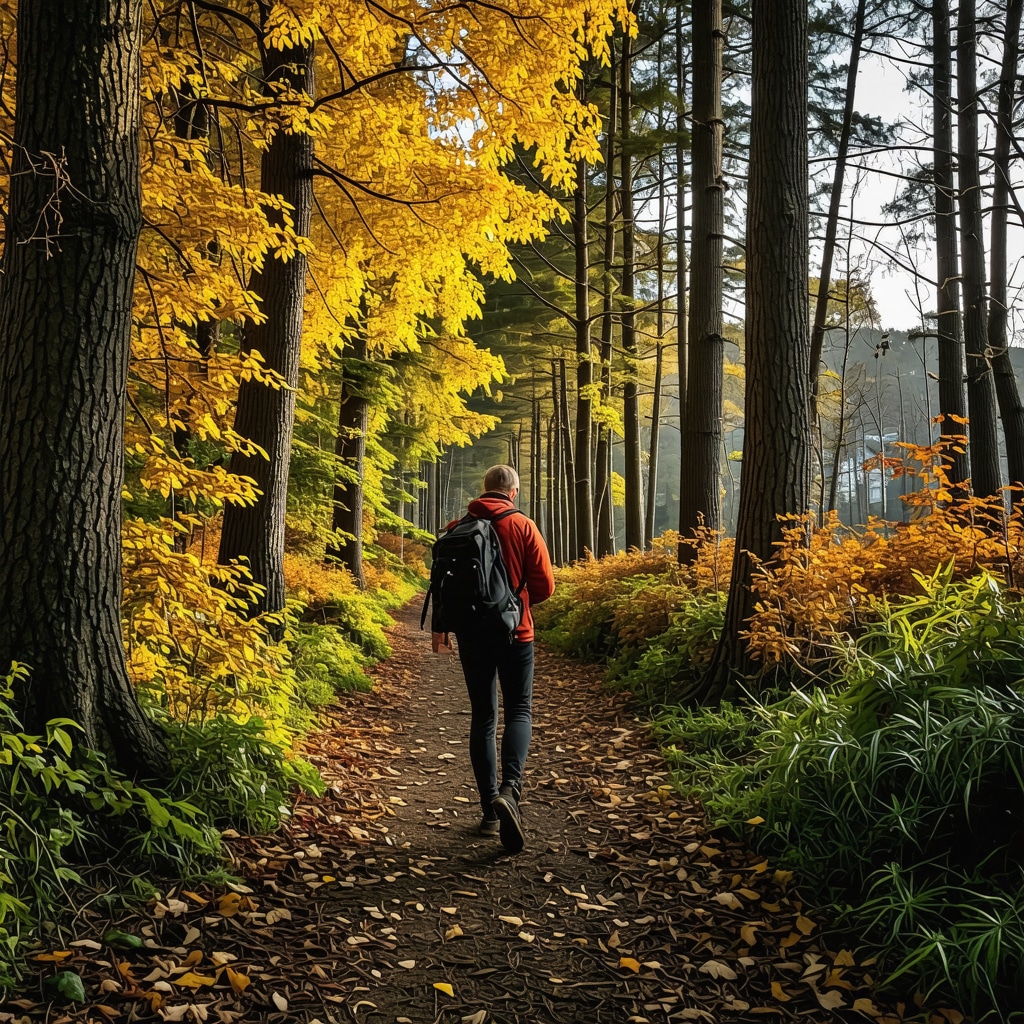 Hiker using smartphone app on a colorful autumn forest trail in Kranj for sustainable nature walking