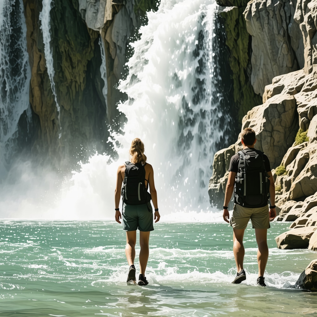 Panoramic view of Krka waterfalls with hikers using advanced gear emphasizing sustainable nature tourism and technology
