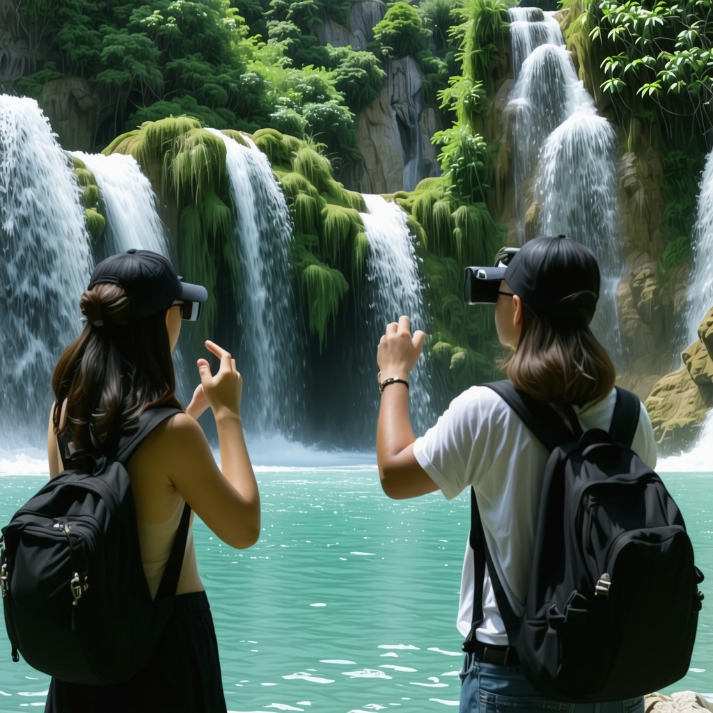 Tourists exploring Krka National Park with a guide using augmented reality technology amid waterfalls and greenery