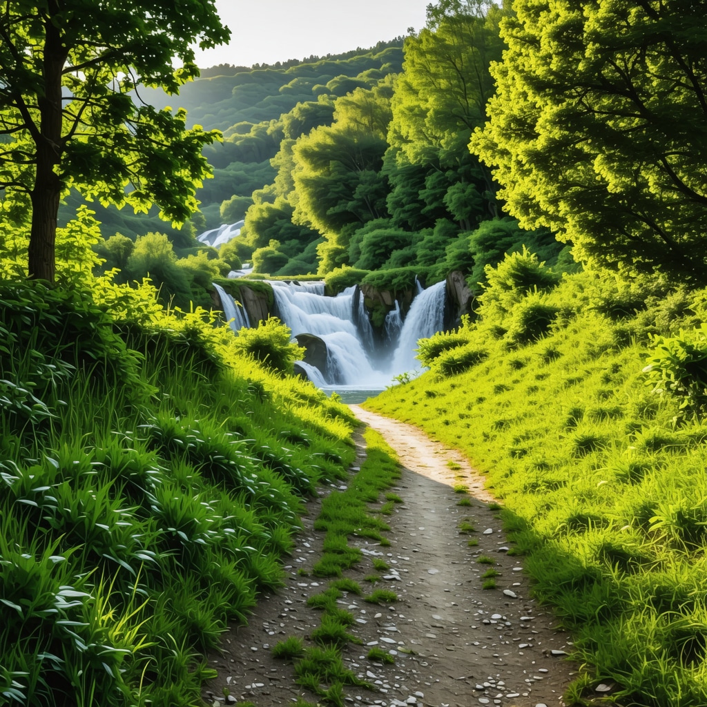 Nature trail with waterfalls and green forest in Krka National Park