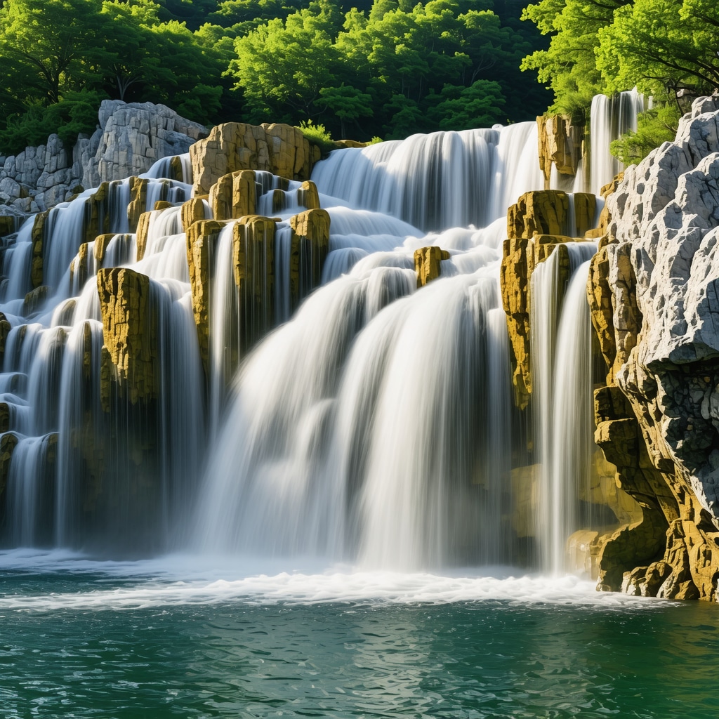 Sunrise over Krka National Park waterfall with vibrant green surroundings