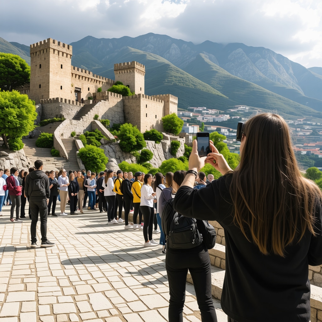 Tourists and local guides at Kruja Castle using AR technology and engaging in community-based sustainable tourism activities