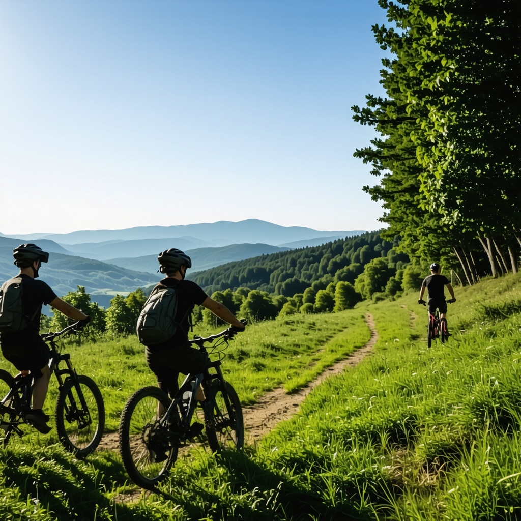 Cyclists on Kruševo mountain trails using augmented reality devices with forest and historical landmarks in the background