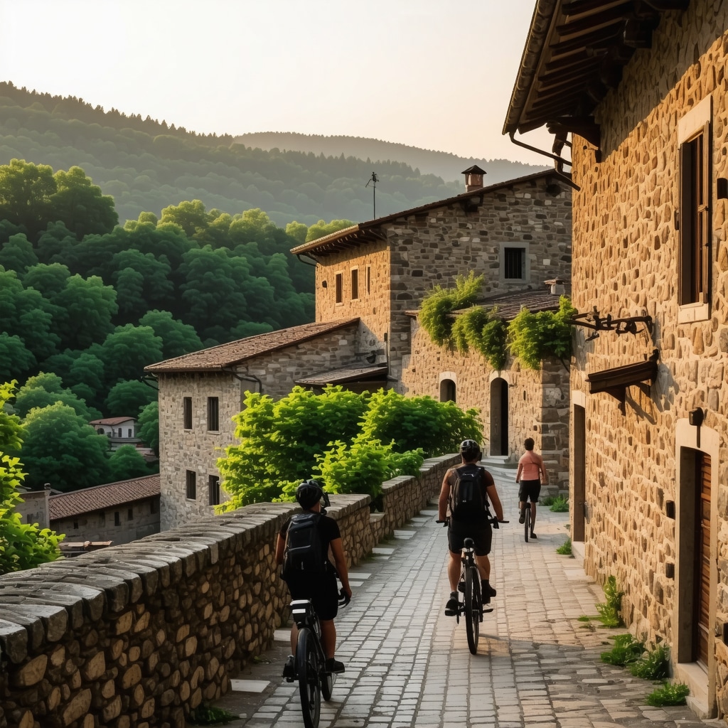 Panoramic view of Krushevo's historic streets and surrounding forests with a mountain biker and birdwatcher