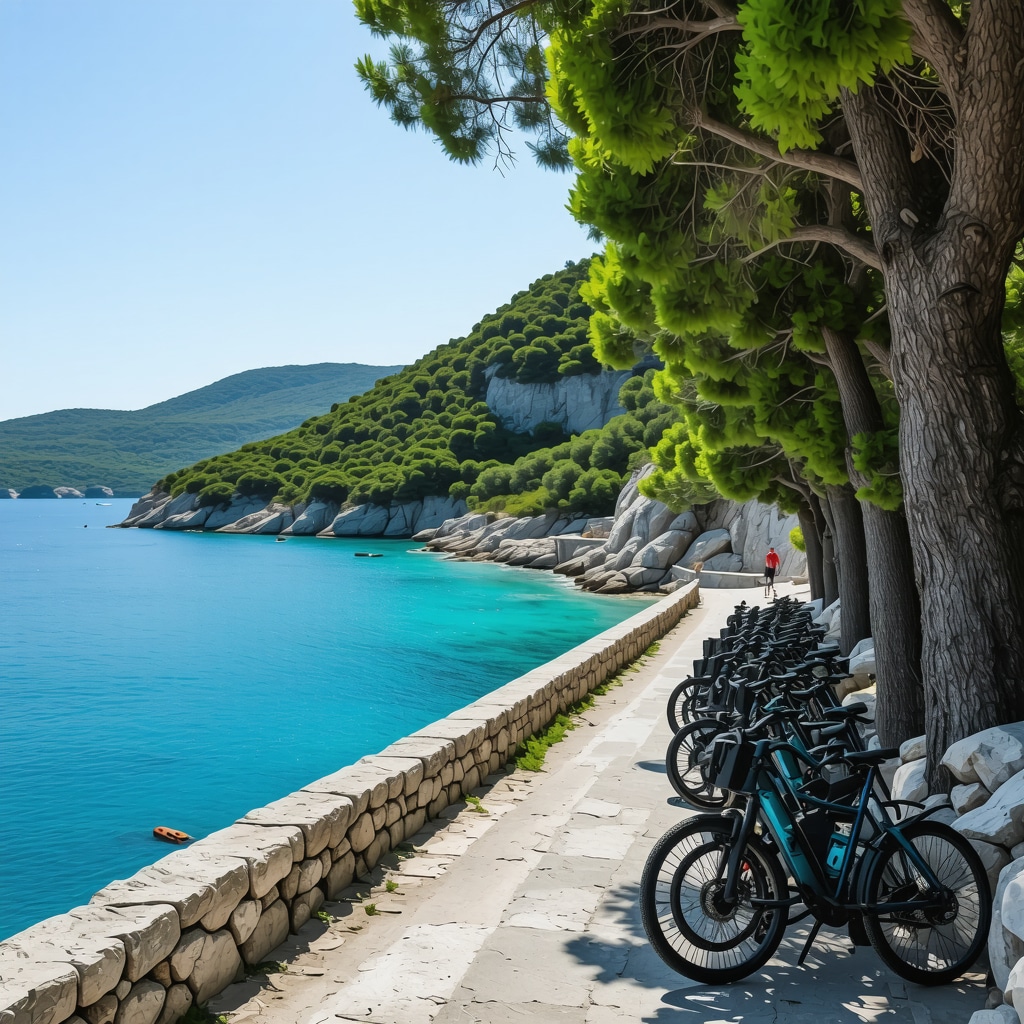 Aerial view of Lastovo Island with green forests, clear coastlines, and electric bicycles near sustainable tourism center